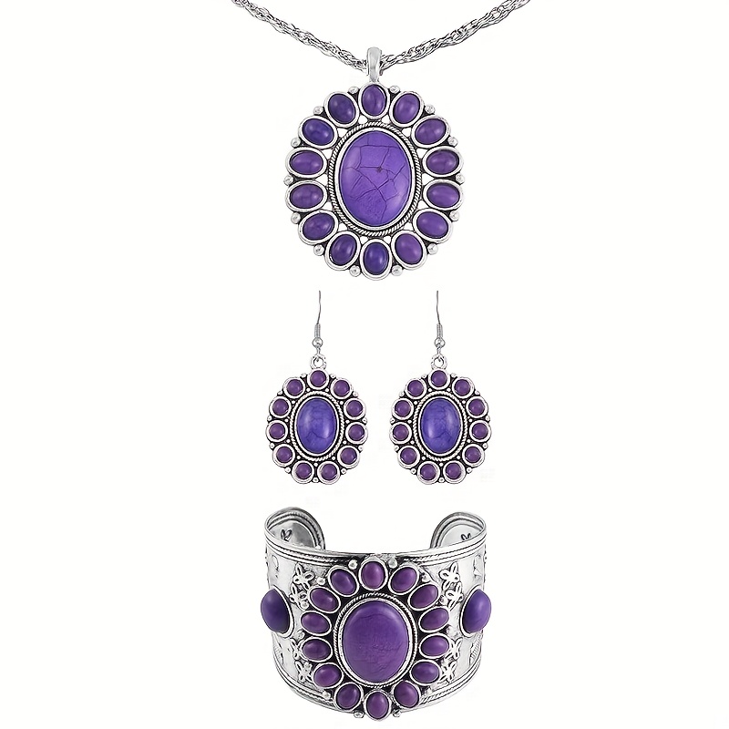 TEMU 1 Set Of Retro Bohemian Ethnic Style Synthetic Turquoise Bracelet Necklace And Earrings Set For Women's Vacation And Holiday Party Jewelry Gifts