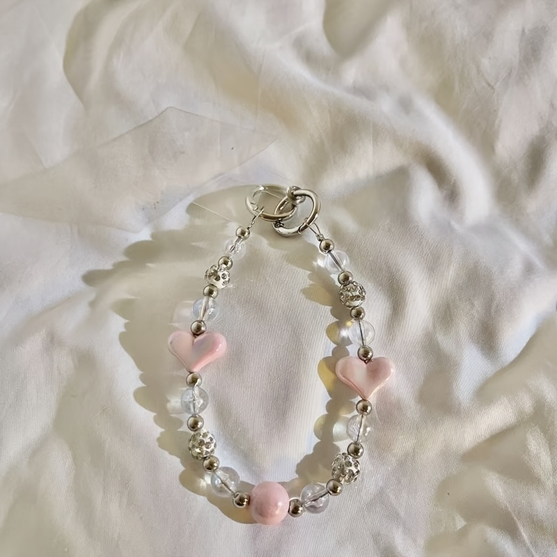 TEMU 1pc Pink Purple Heart Beaded Phone Chain, Anti-lost Lanyard, Versatile Accessory For Phone, Bag & Key, Delicate Gift For Girlfriend & Wife