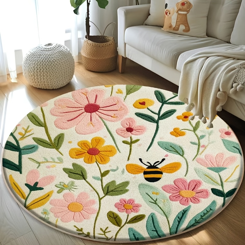 TEMU 1pc Round Fleece Material, 1cm Thick And 500g/m² Density, Pink And Yellow Floral Bee Bath Mat, Suitable For Bathroom, Bedroom, Entrance, Living