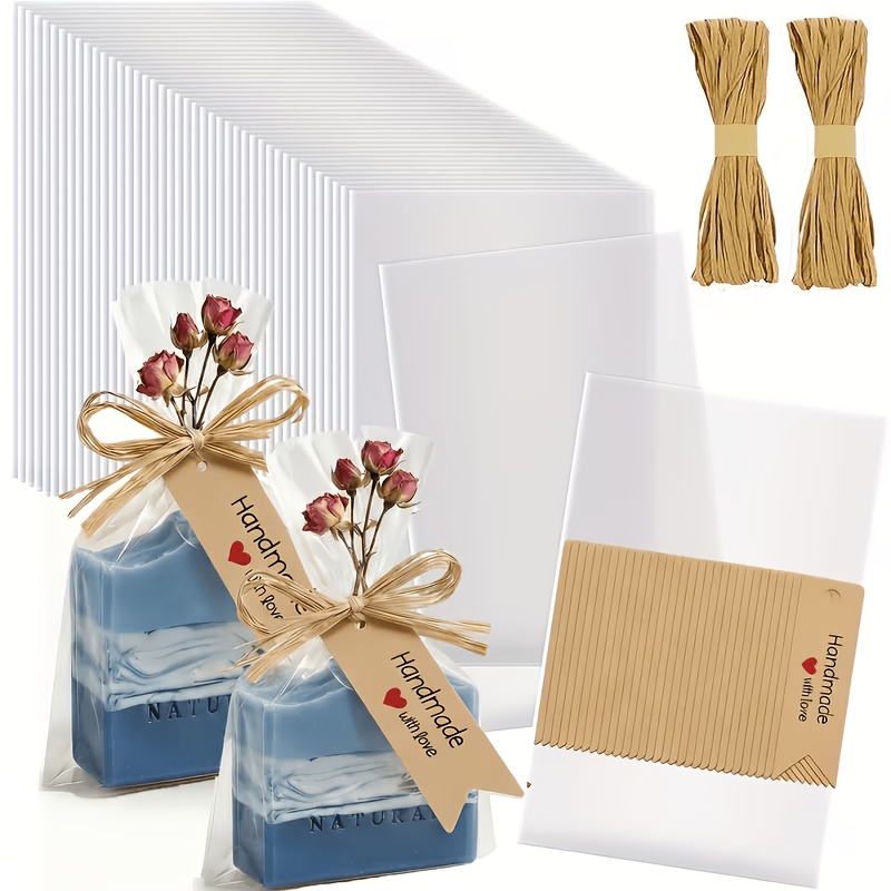 TEMU 100 bolsas de celofán de plástico de 4.7x7" con 131 pies de de rafia etiquetas " a ", envoltorios transparentes para para envolver jabón