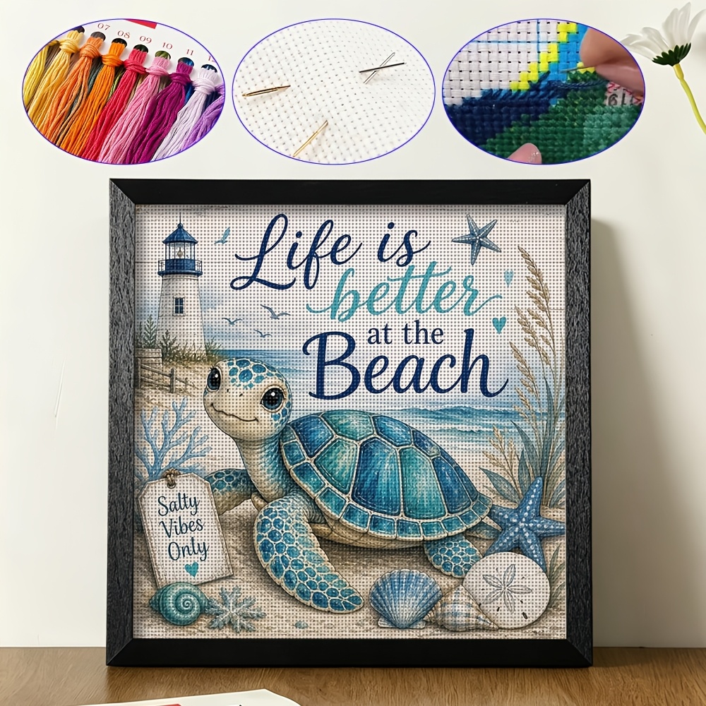TEMU 1 Set Seaside Style Cartoon Sea Turtle Print Cross- Kit, 14.17×14.17 Inches, 11ct Precision Print, Complete Diy Embroidery Material Pack,