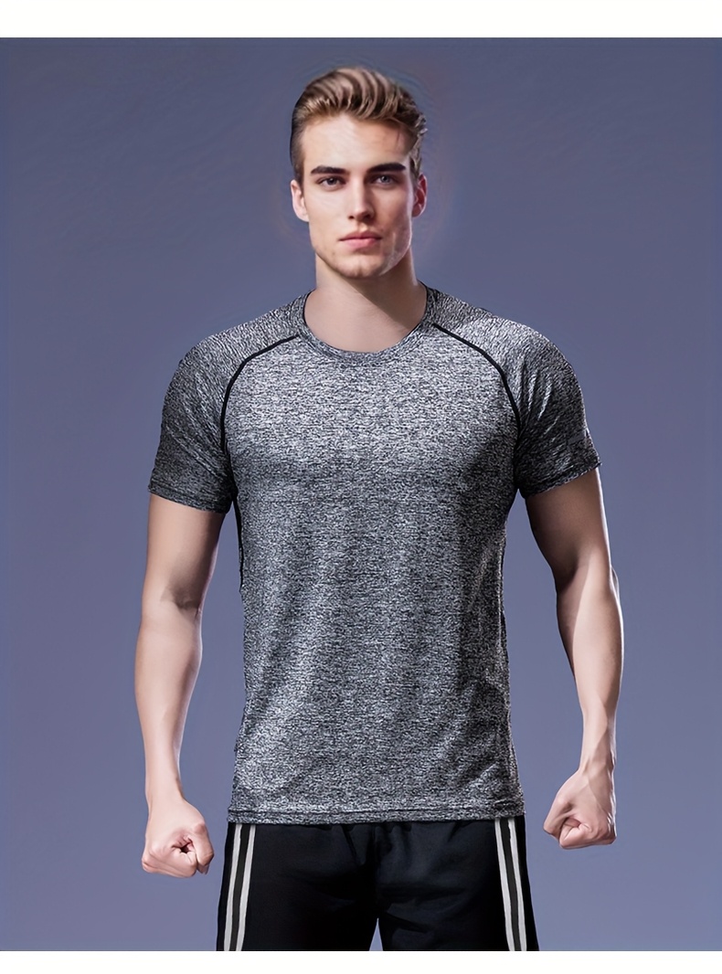Men'S 4pcs Set of Summer Sports T-Shirts, Elastic Fitness Short-Sleeved Round-Neck Slim Fit Top, Gray And Black, Can Be Worn for Sports, Running, Basketball, Fitness, Etc