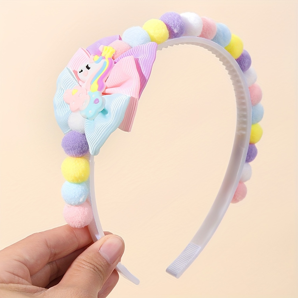 E-shop Einhorn-Haarband mit Bunten Pompons & Grograin-Schleifenbändern - Verstellbares Elastikband, Pastellfarben, Niedliche Haaraccessoires für