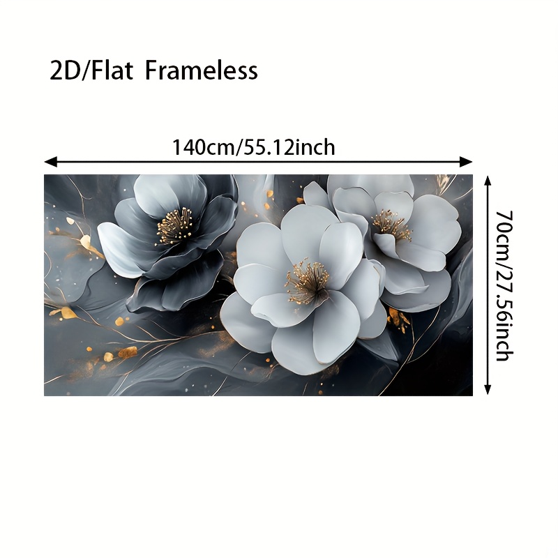 TEMU 2d Flat, 2d/flat 1pc 2d Frameless Canvas 27.56x55.12 Inches, Frameless Modern Abstract Floral Canvas Wall Art - White And Golden Accents