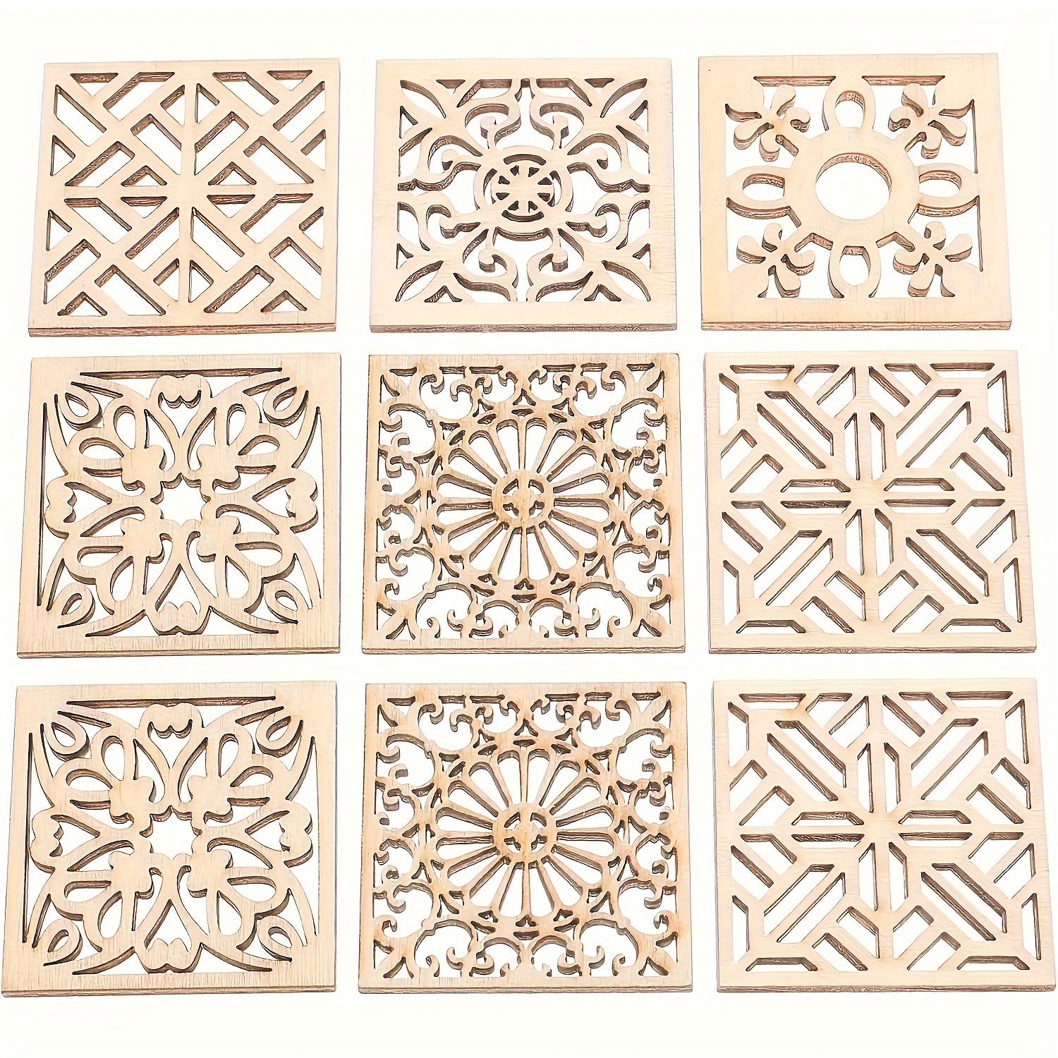 TEMU 50 Pack Of Diy Wooden Square Cutouts With Floral Designs - Perfect For Painting, Doodling, And Home Decor - Unfinished Wooden Pieces