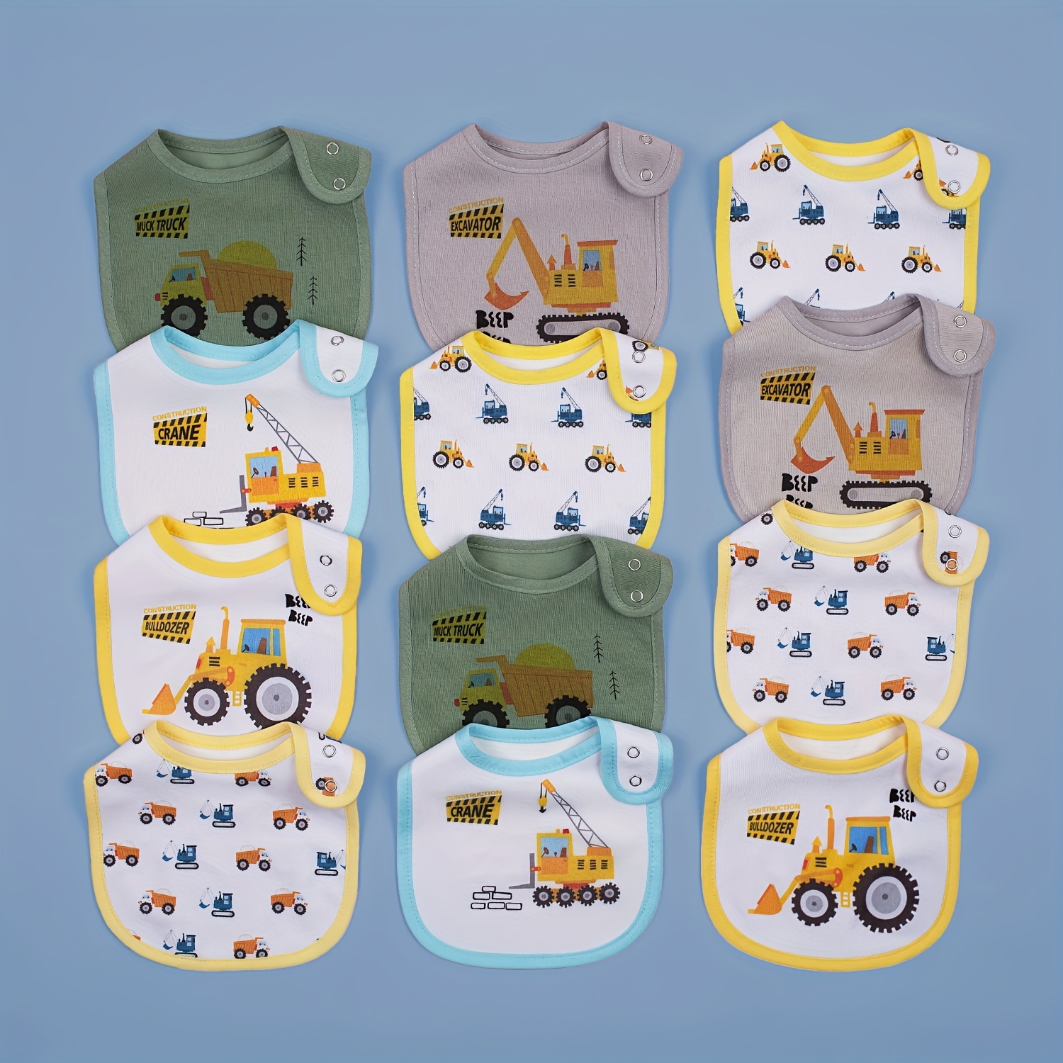 Image of A Collection Of 12 Cartoon-themed Bibs Designed For Boys And Girls, Featuring Adjustable Materials To Keep Saliva At Bay During