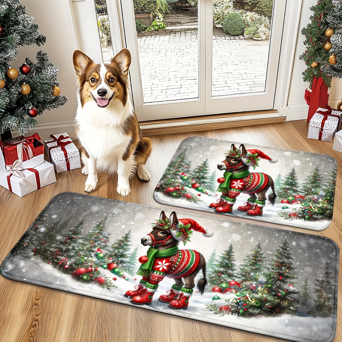 

Christmas Doormat - Cute Donkey & Snowy Scene, Non-slip Polyester, Machine Washable For Home Decor, Christmas Decor, Best For Christmas