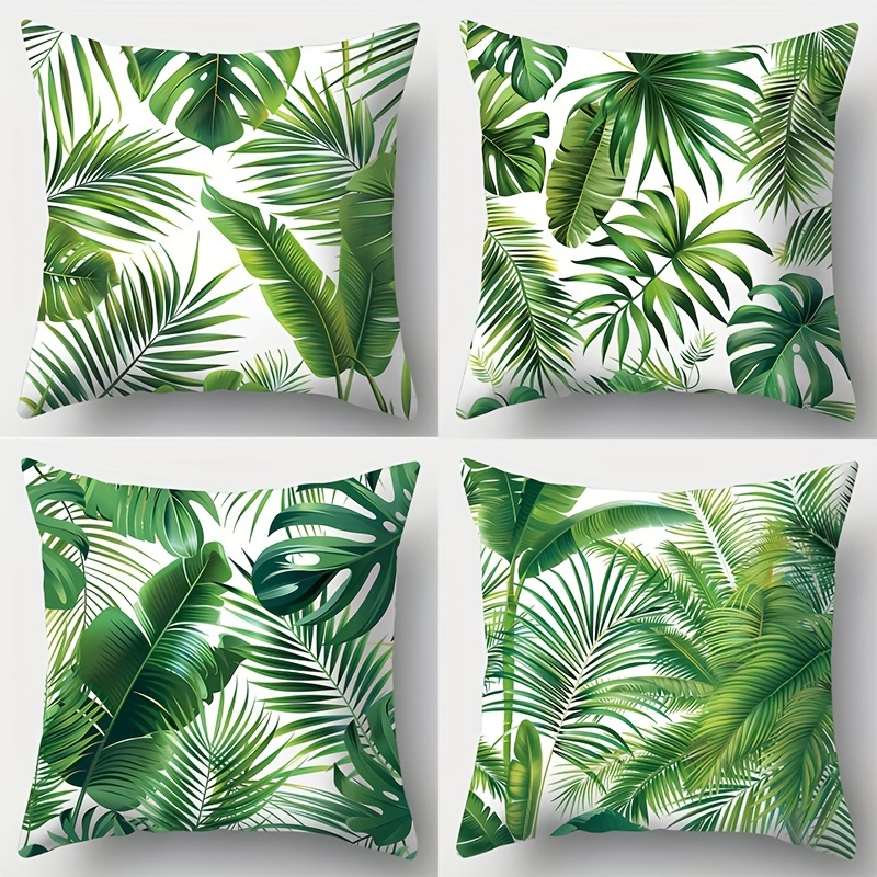 TEMU Juego de 4 fundas de almohada en tropical con diseños de hojas, ideales para sofás cama y interiores de automóviles, con estampado a una cara,