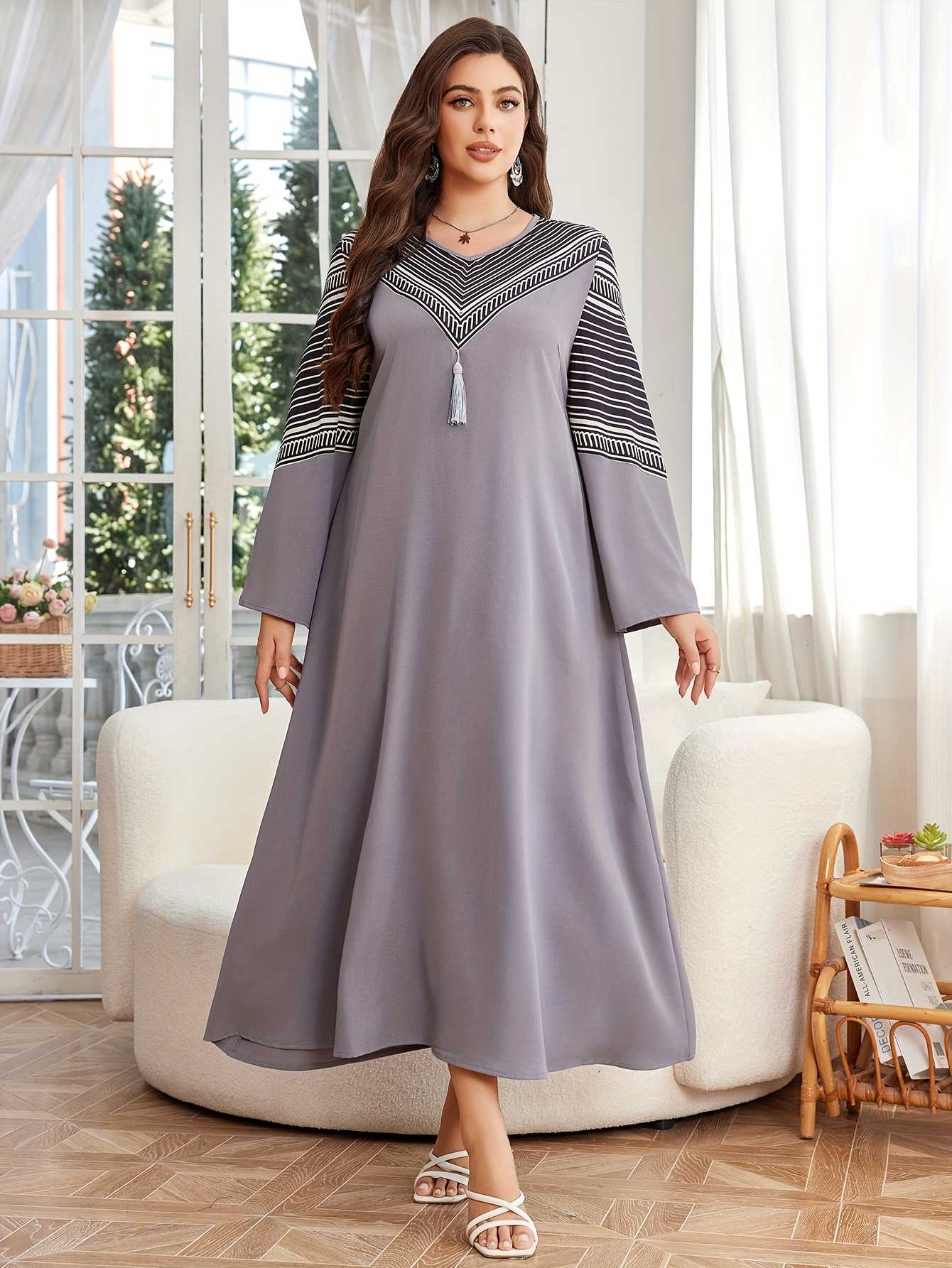 plus size elegant plus size v neck dress striped detail long