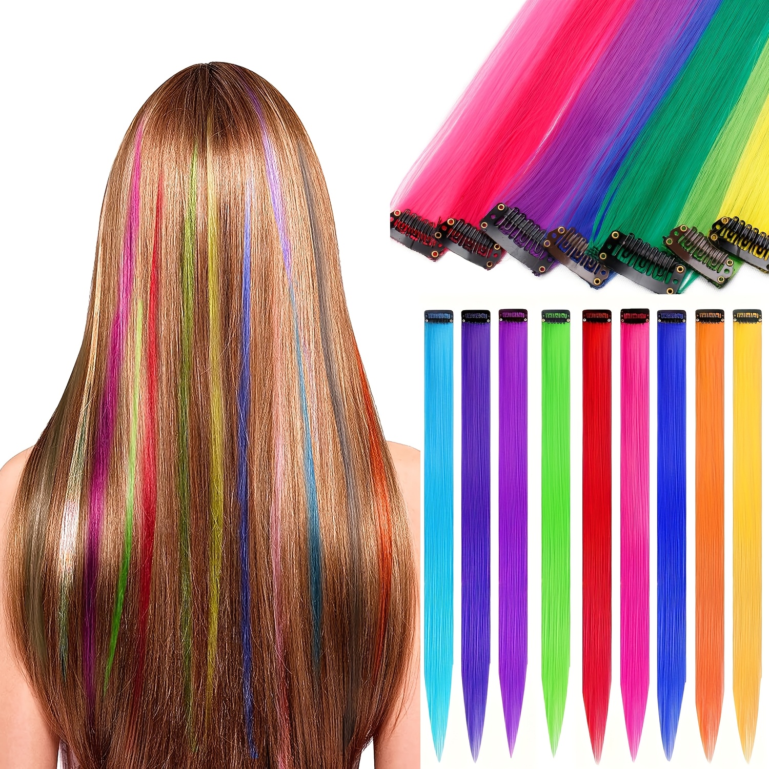 16 Bunte Haarverlängerungen – 21 Zoll, Hitzebeständig, Mit Clips, Türkis-Blau