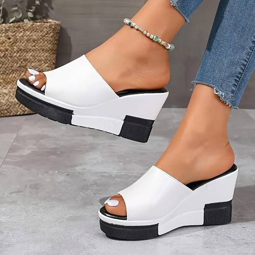 2025 summer womens elegant white thick soled wedge heel sandals open toe slip on casual slippers with synthetic cover rubber sole for beach office shopping ladies shoes and sandals casual attire open toe design durable footwear