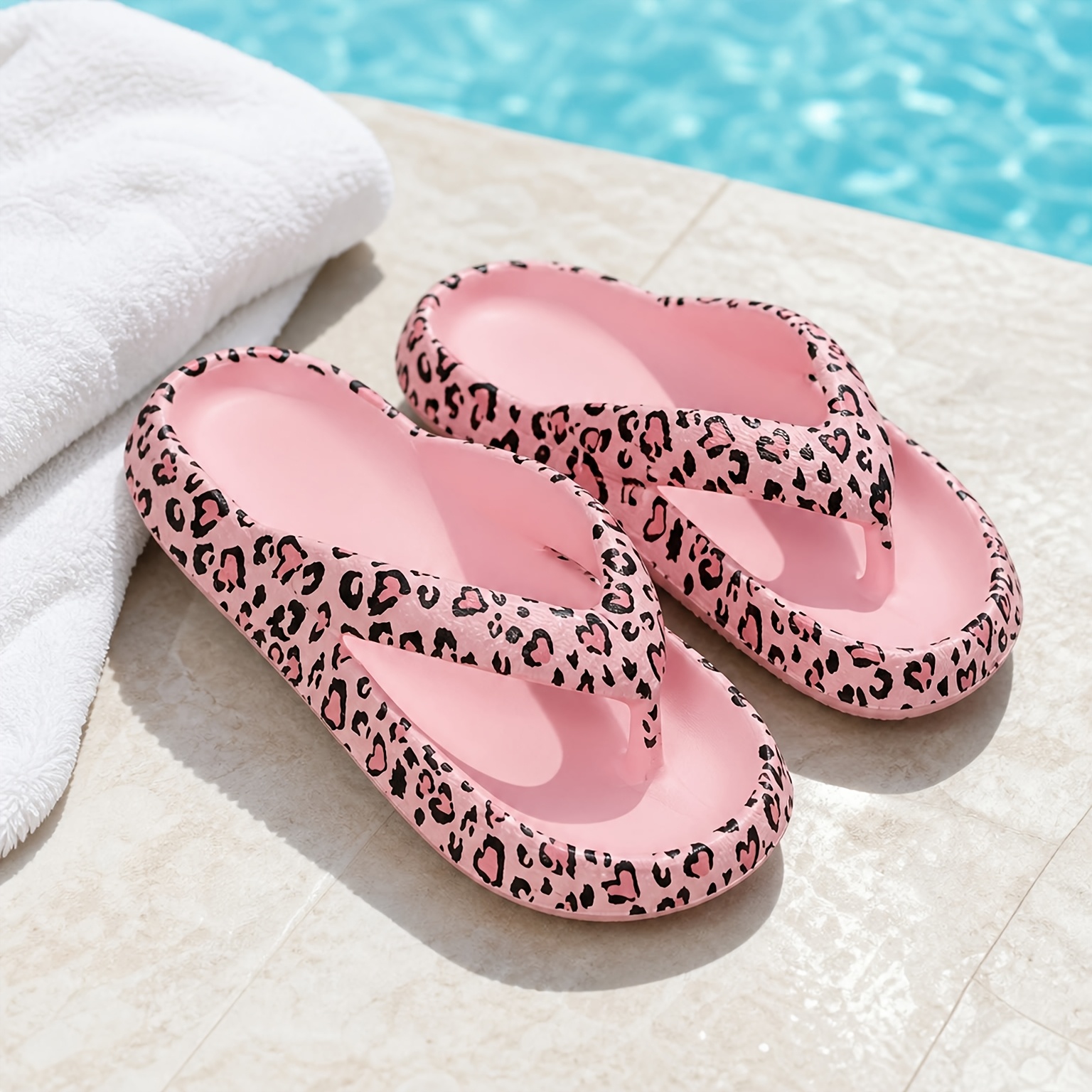 Women'S Heart Leopard Print Platform Flip-Flops, Soft EVA Thick Sole Summer Sandals for Women, Beach Bathroom Slippers, Daily Casual Footwear, Women Shoes