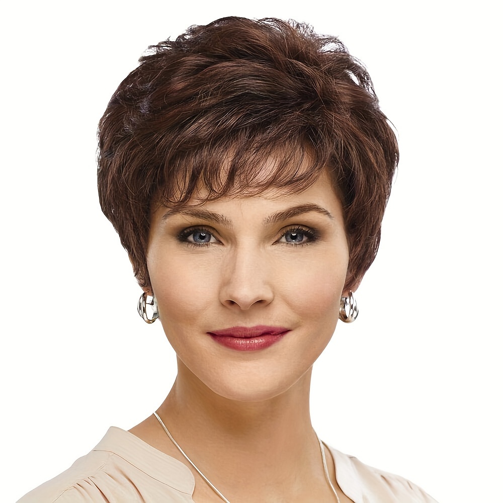 

Elegant 10-inch Mixed Brown Short Curly Wig With Side Bangs For Women - Synthetic Fiber, Heat Resistant,