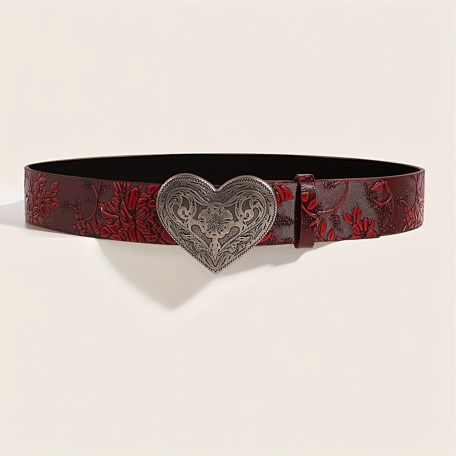 1pc Women\'s Retro Alloy Buckle Printed PU Leather Belt, Suitable For Western Western-Leather-Belts-Women Vintage Waist-Belts with Hollow  main image 4