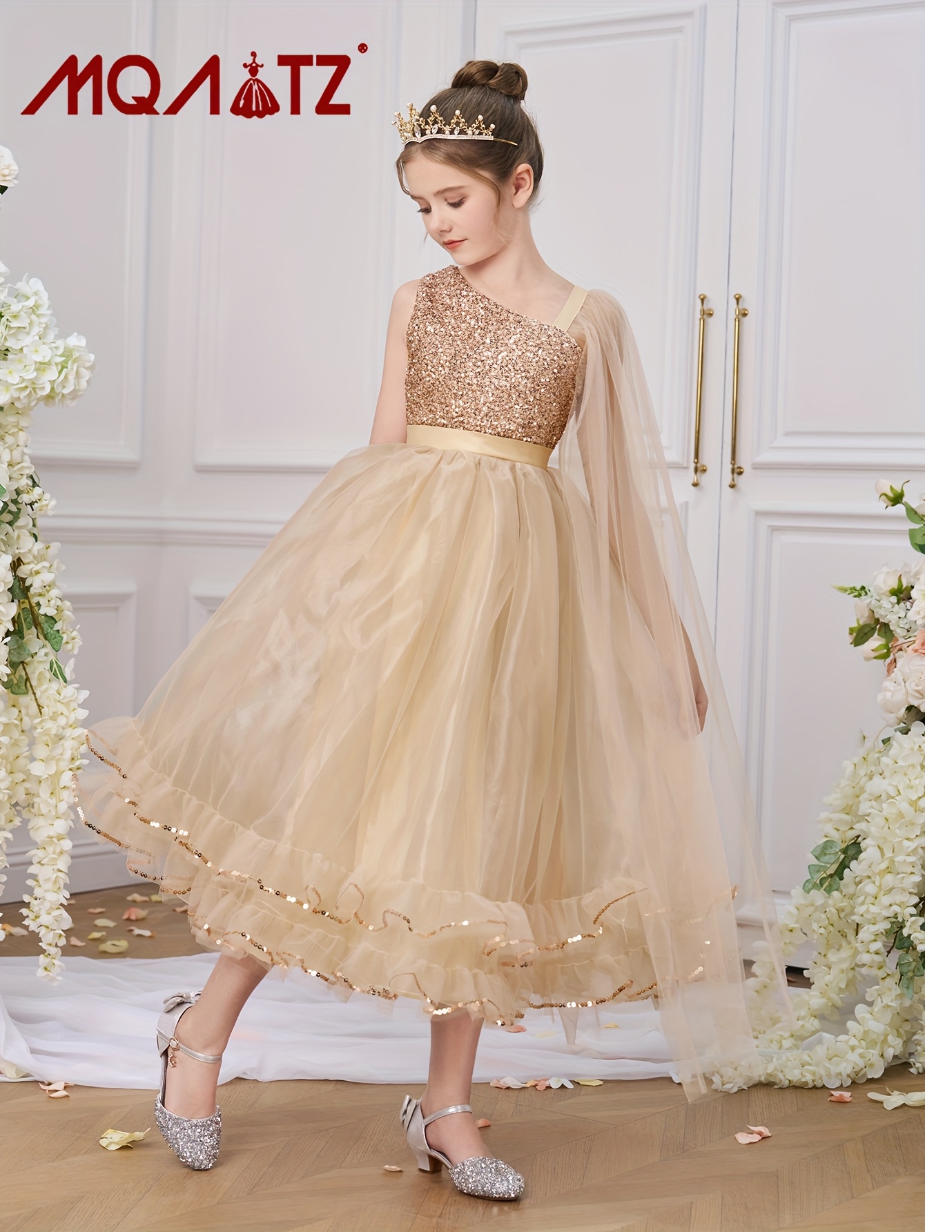open lace back dress Kids Girls Glitter Puffy Sequin Princess Birthday Dresses Peach Pink / 2-3(1-2years)