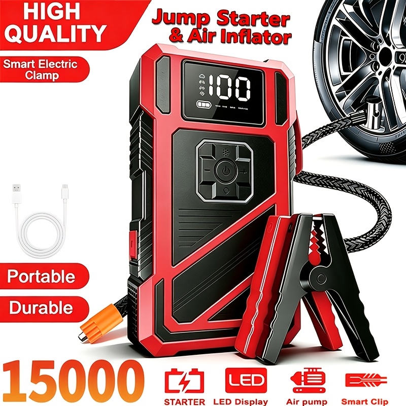 TEMU Alimentation d' pour batterie de voiture, équipée d'un compresseur d'air 150 PSI, démarreur puissant 12V, avec fonction de gonflage de pneu,