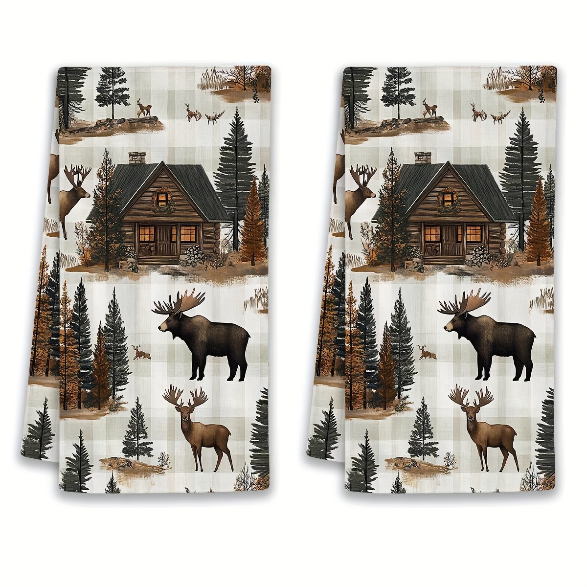 TEMU 2pcs Rustic Farmhouse Fingertip Towels Suitable For Kitchen &, Microfiber With Moose Elk , Light Beige Vintage Cabin Decor, Woodland Theme Towel