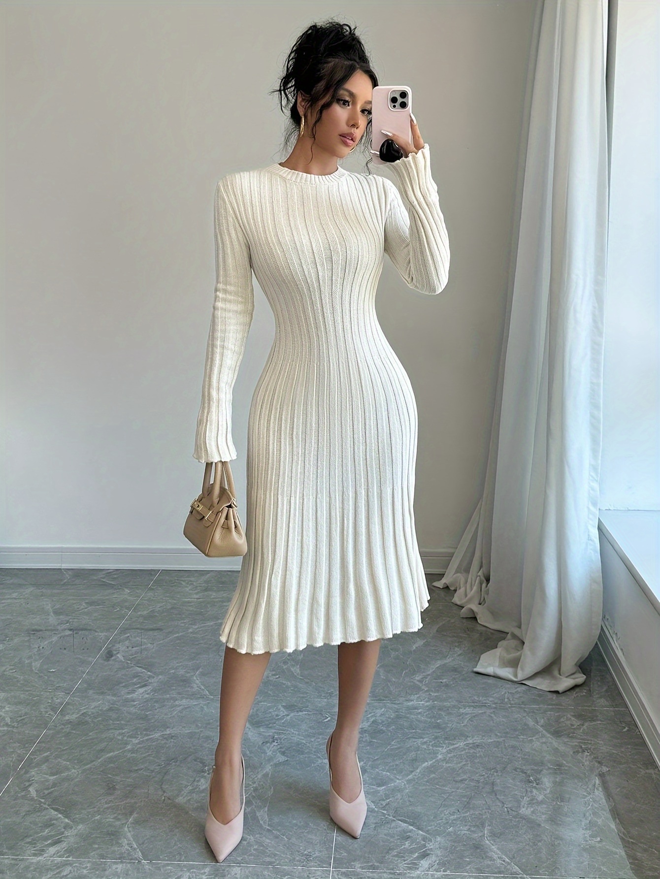 pullover formal dress Women's Casual Pullover Sweater Long Sleeve Sweatshirts Midi Hoodie Dress  with Pocket