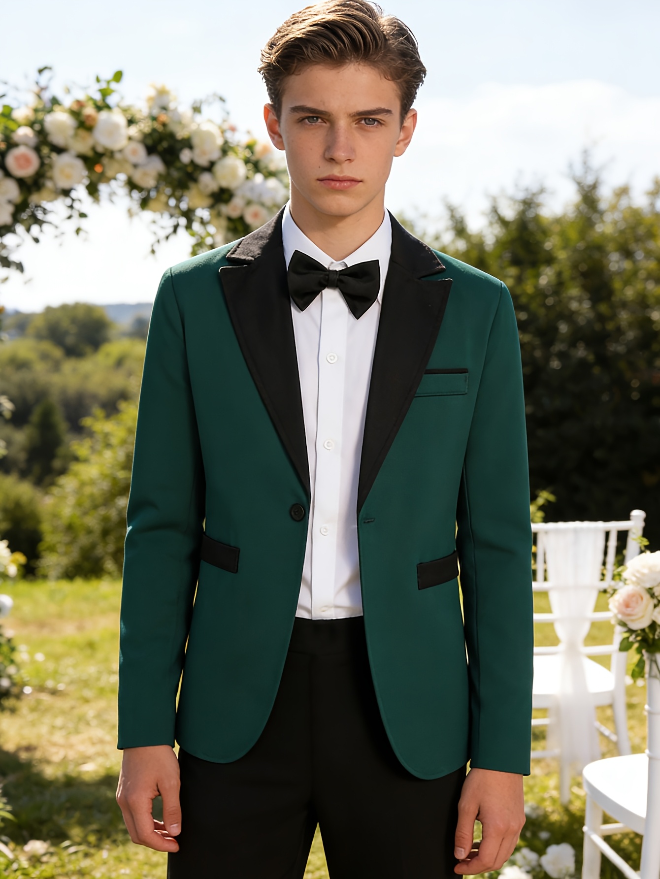 Tween Boy 3pcs Elegant Tuxedo Set - Emerald Green * with Black * White  Dress Shirt And Black Trousers for Parties * Formal Banquets And Occasions