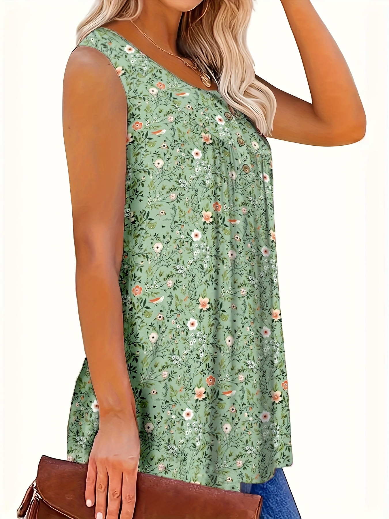 Women'S Floral Print Sleeveless Henley Neck Top - Casual Summer Tank Top, Green with White Flowers, V-Neck, Button Detail, Polyester Fabric, Perfect for Vacation or Casual Attire, Summer Casual Wear | Vneck Top | Medium Stretch Material, Floral Print Tank To