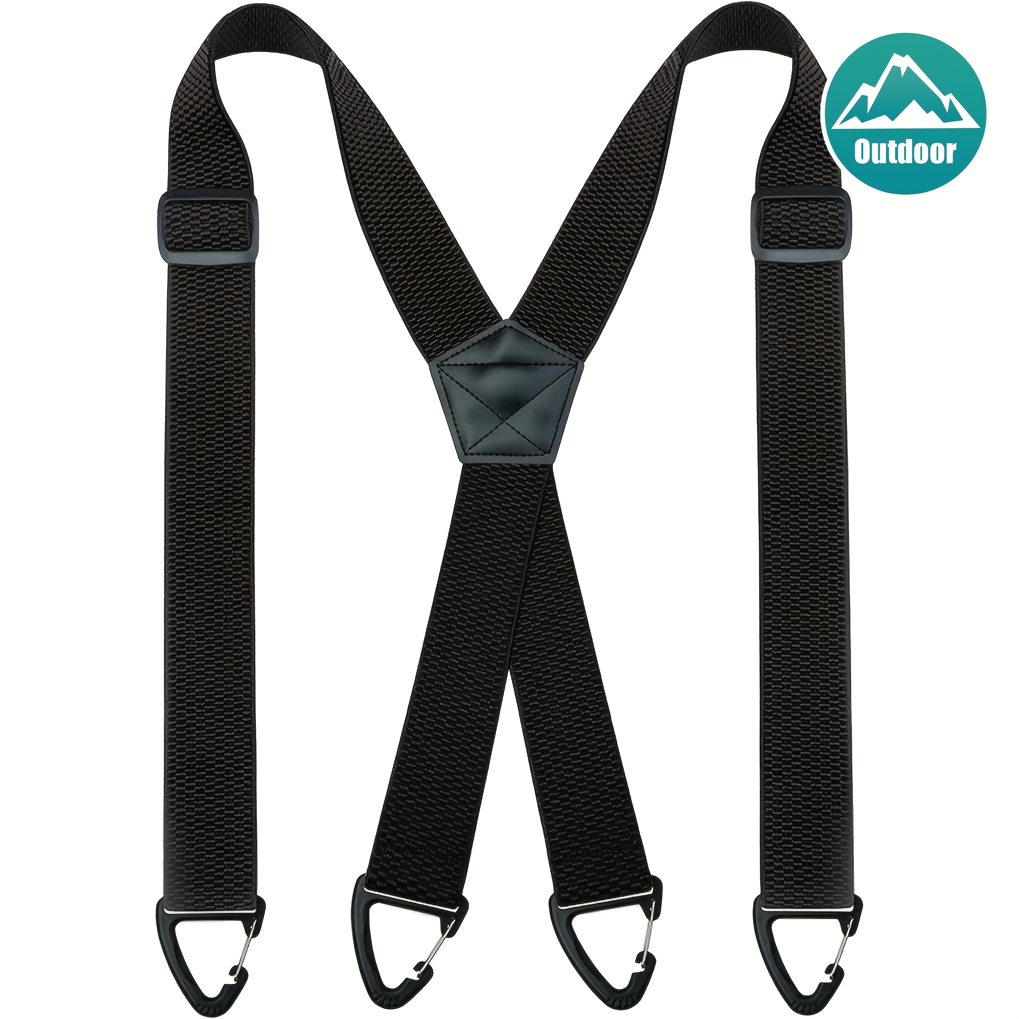TEMU Men's 1.5inch Four-corner Adjustable Hiking Suspenders - Black Elastic Outdoor Back Strap With Metal Rings, Durable & Comfortable For Hiking,