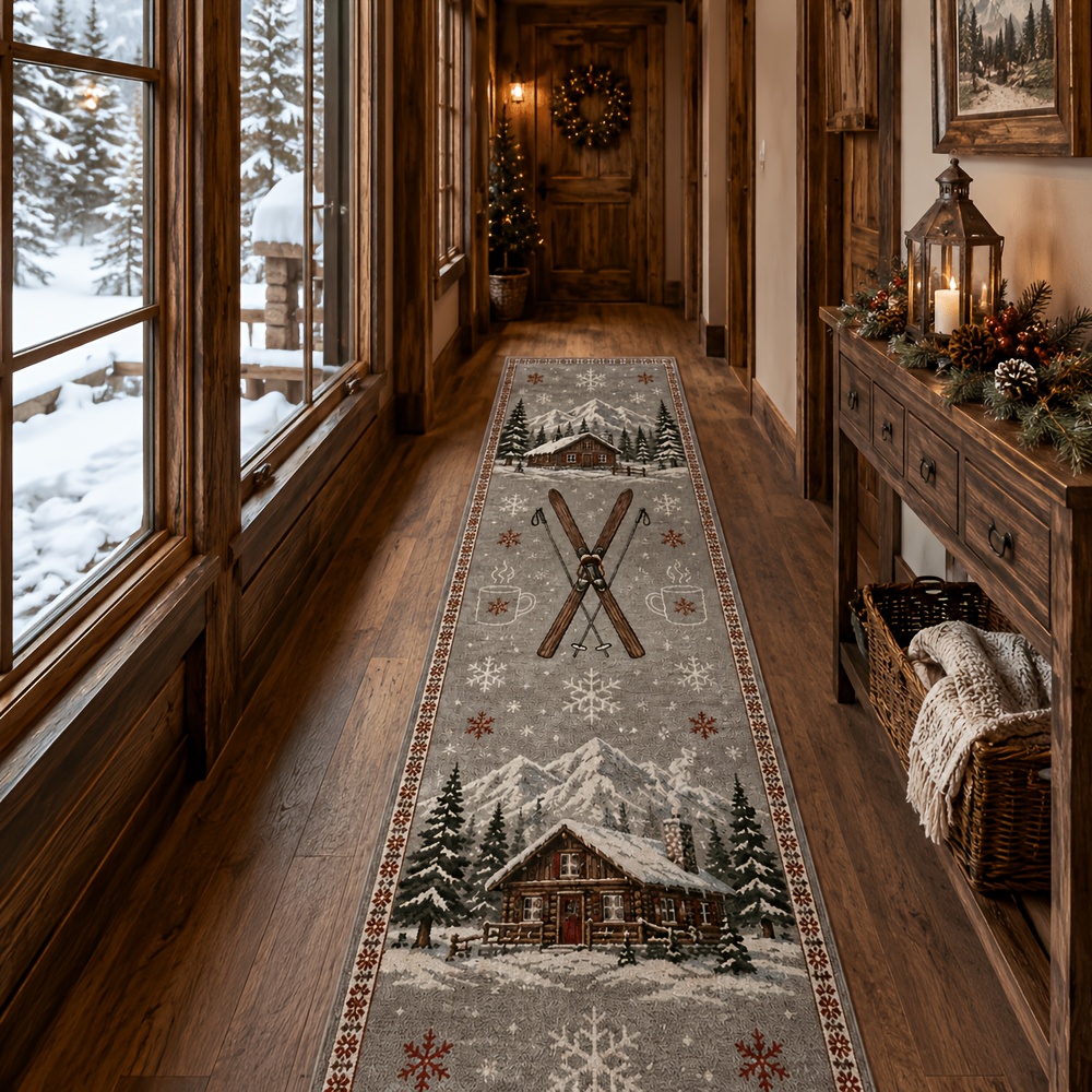TEMU Tappeto in velluto, tappeto rettangolare natalizio per casa sci in , grigio in legno innevata, pista da sci, pino, di , , cucina, corridoio,