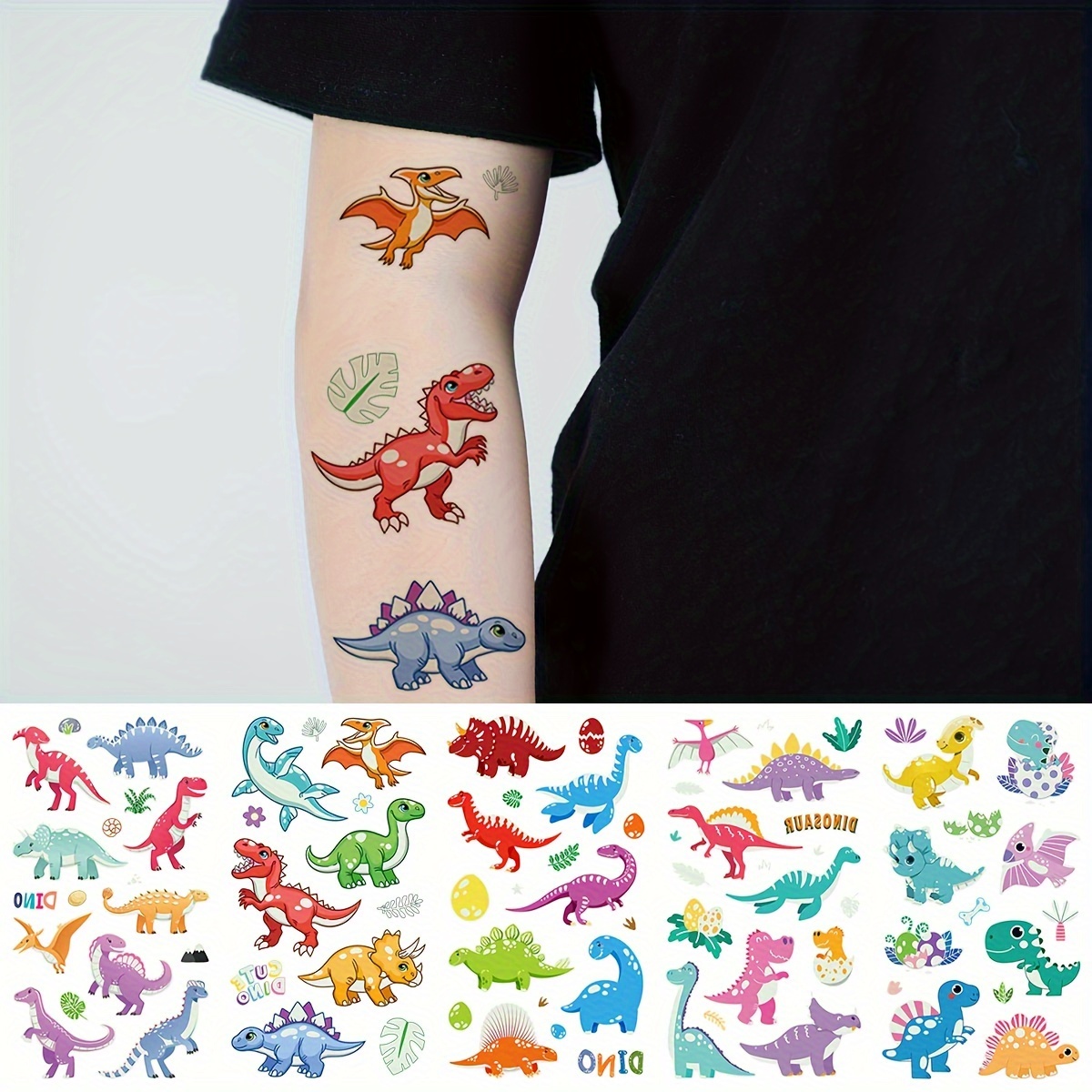 5-sheet (68 Designs) Cartoon Dinosaur -the-dark Temporary Tattoos Stickers - Glowing , Pterodactyl, , And More Dino Patterns For Body Art, Long-lasting 2-5 Days, Ideal For Birthday Parties And Festive