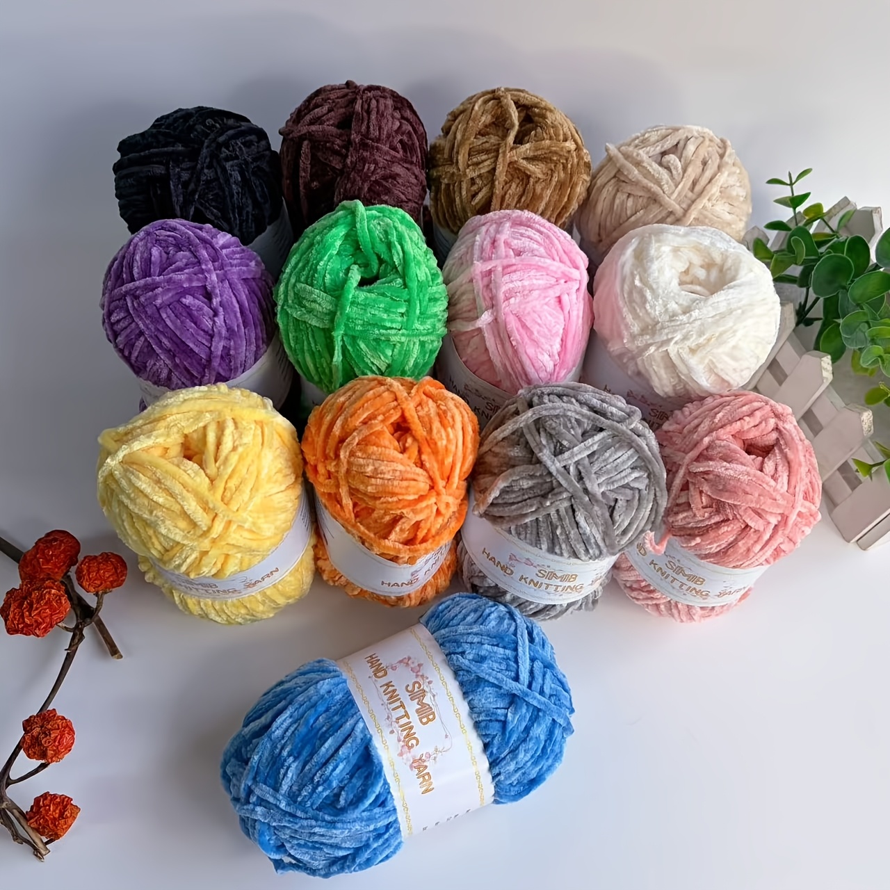 13 Skeins Hand-Knitted Medium-Weight Chenille Yarn Bundle