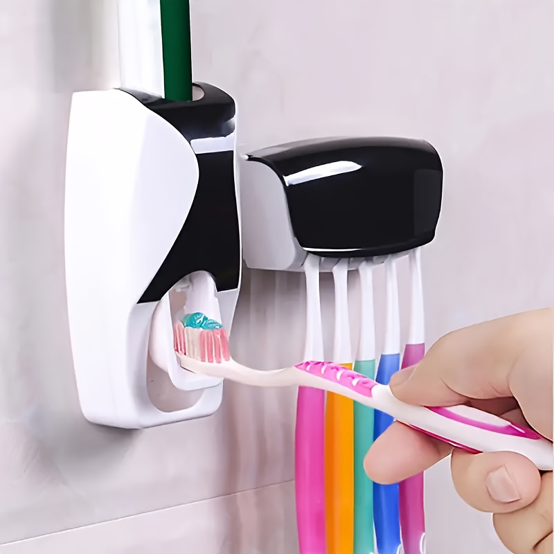 5 toothbrush holder with toothpaste dispenser no drill wall mount push button squeeze design abs plastic holds 5 brushes space saver