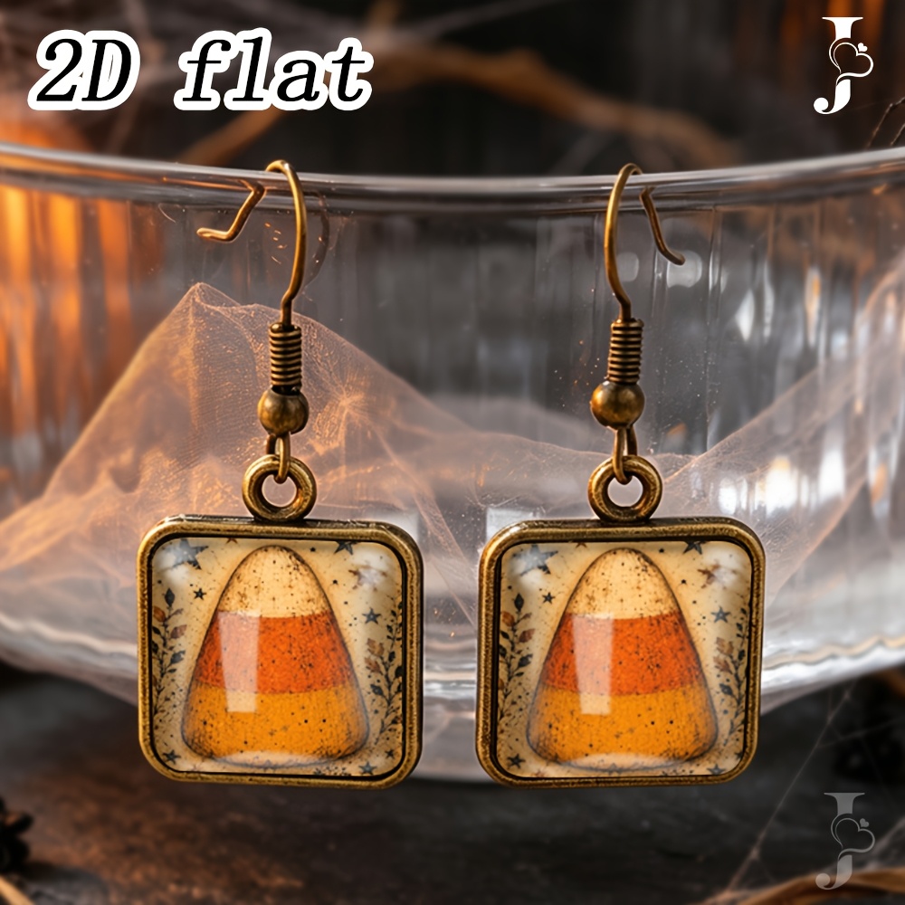 TEMU 2d Flat, 1pair Square Earrings With Corn Halloween Theme Pattern, Glass Dangle Handmade Jewelry Gift, 2d Flat Printed Glass Pattern, Unisex