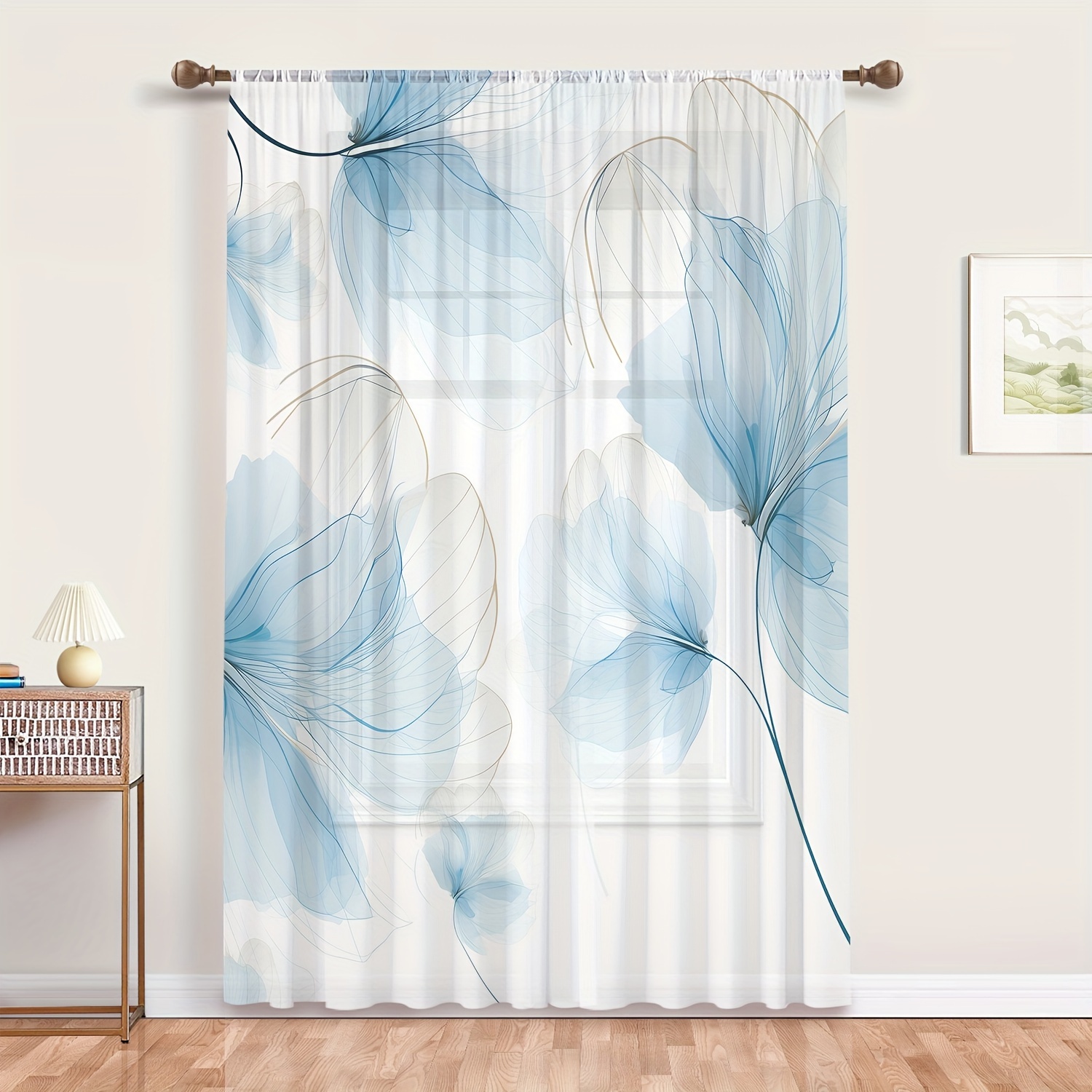 

Garden Style Semi-sheer Curtain Panel - Abstract Blue Gradient Flower Design Rod Pocket Drapes For Living Room, Bedroom, Home Decor - Machine Washable Polyester Floral Window Sheer, Single Panel