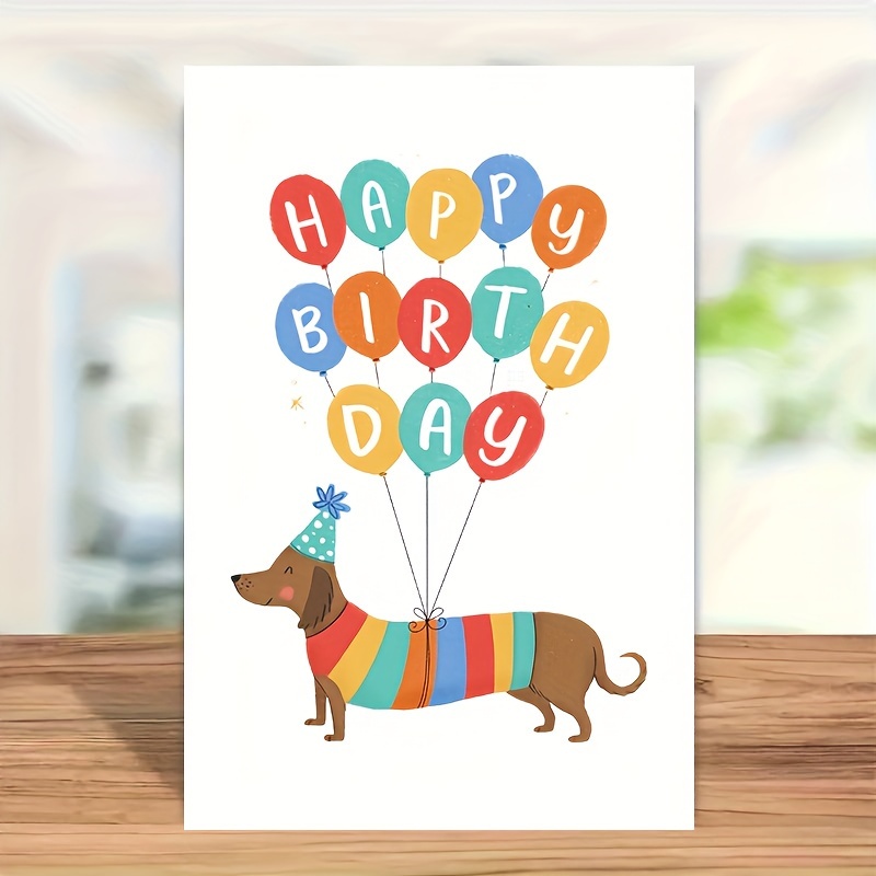 

Happy Birthday Dachshund Greeting Card With Colorful Balloons - Humorous & Friendship Day/anniversary/baptism Card For Anyone - Small Businesses & Gifts