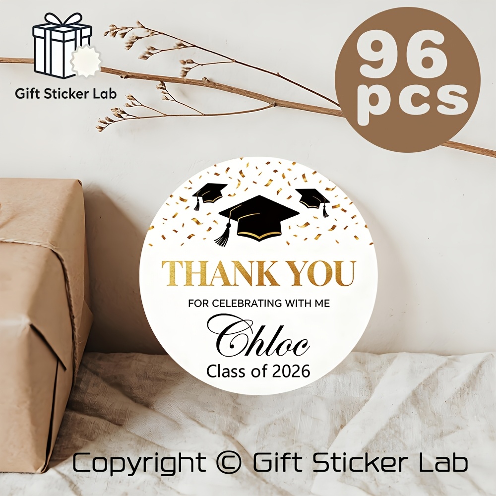 TEMU Custom 48/96pcs Graduation Thank You Round Stickers, Personalized Name And Year Etc., Golden Confetti , Perfect For Graduation Celebration, Gift