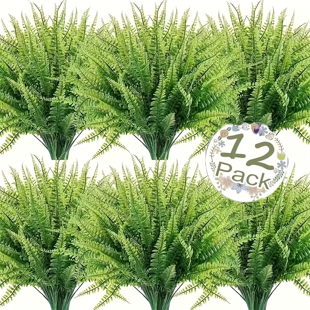 

12 Pack Artificial Boston Ferns, Uv Resistant Plastic Fake Plants For Outdoor Decoration, Freestanding Fern Stems For Thanksgiving Decor, No Electricity Needed - Green