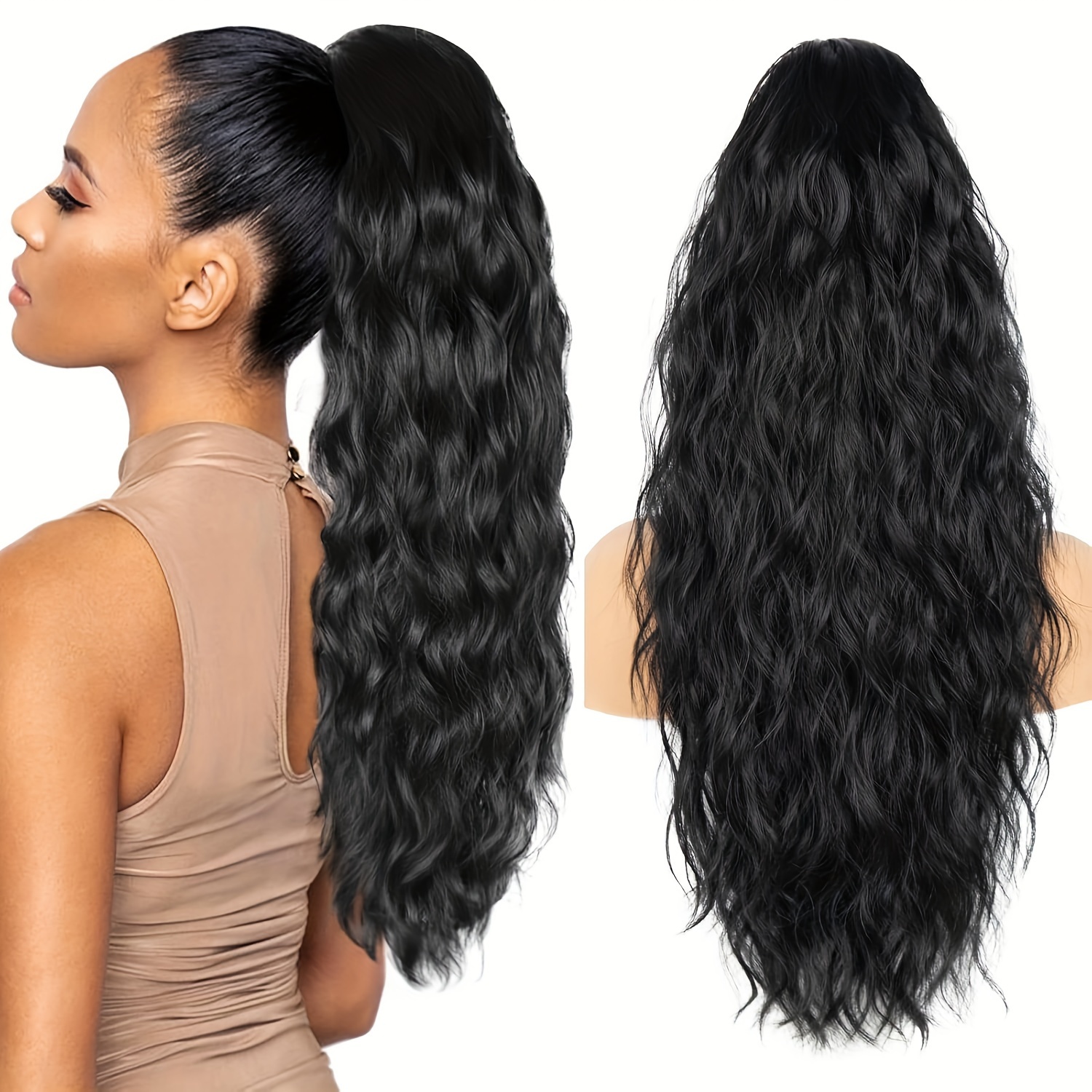 Image of Claw Long Wavy Ponytail Extension Drawstring Ponytail For Women Black Curly Pony Tail Clip In Hair Extensions For Women Fluffy Fashion Looking Synthetic Hairpiece For Daily Use