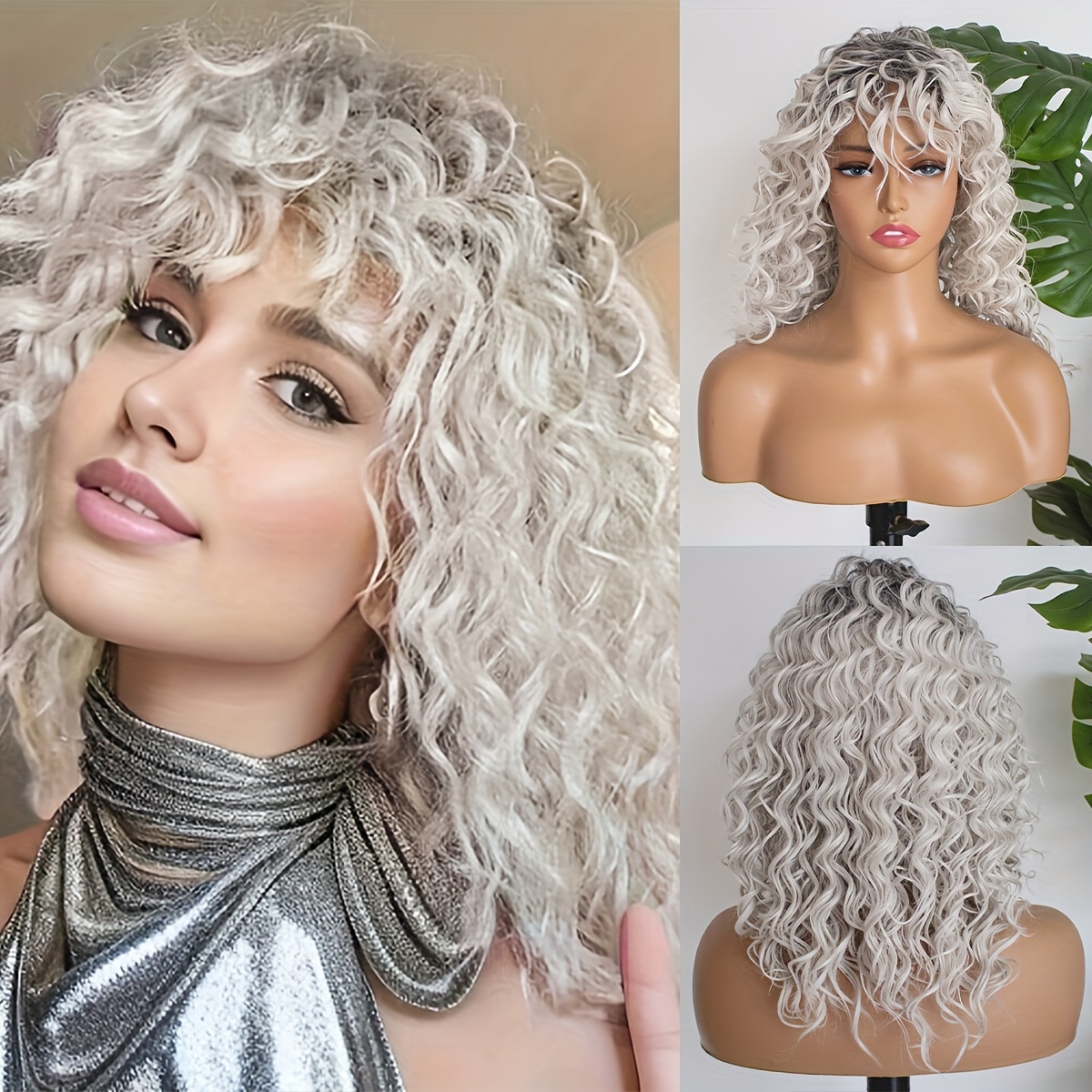 

Chic Ombre Black To Gray Curly Bob Wig With Bangs For Women - 16" Synthetic Shoulder-length Hair, Heat Resistant, Perfect For Daily Wear & Vacations Hair Accessories For Women Wigs For Women