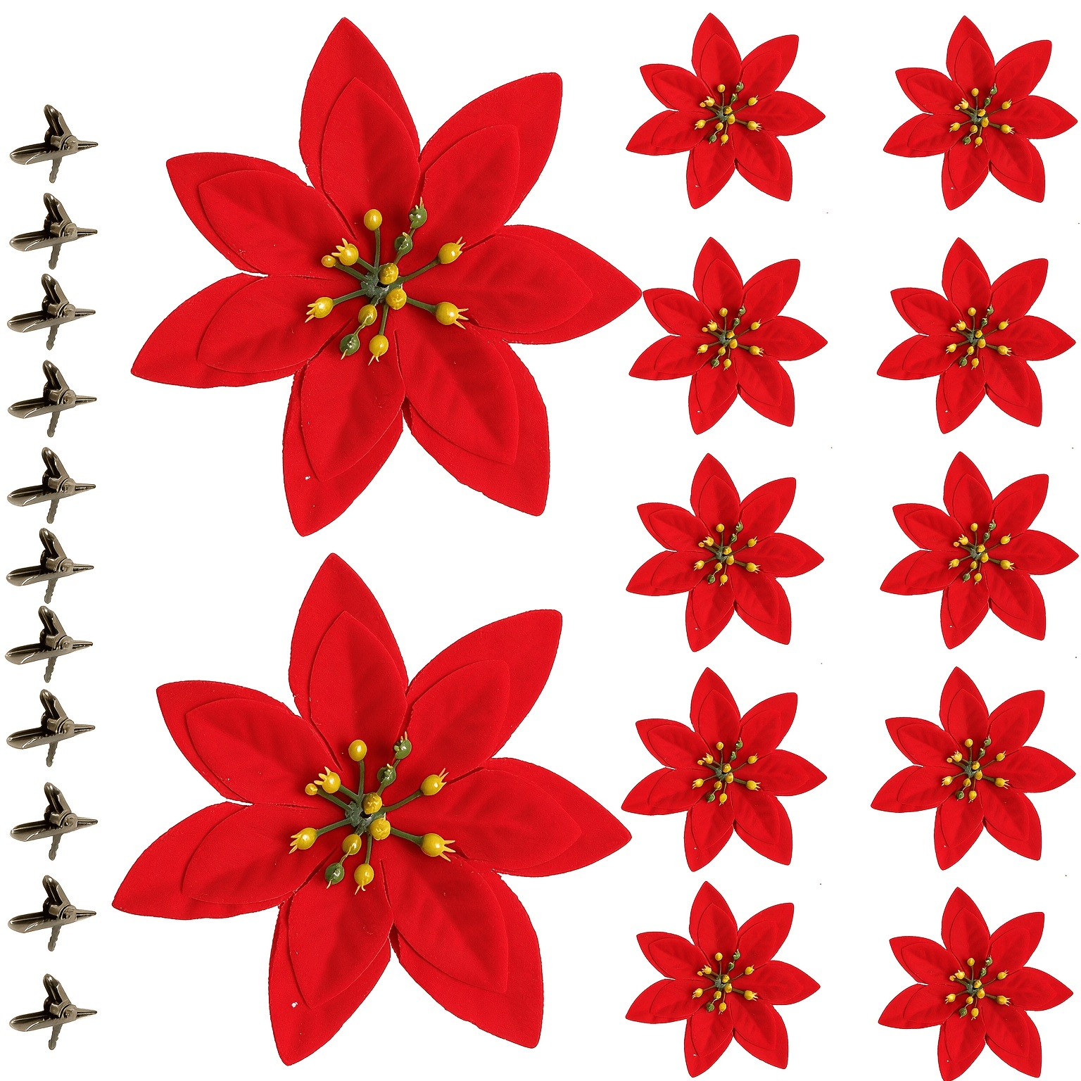 Image of 24pcs Christmas Red Clothespins Set 12pcs Red Velvet Artificial Christmas Flowers And 12pcs Clothespins Handmade Wreath/desktop Christmas Flower Decoration Christmas Season Winter Decoration