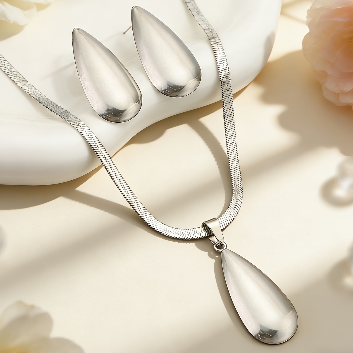 TEMU Parure 1 ensemble/3 pièces : Collier avec pendentif de et boucles d'oreilles Smooth - Acier inoxydable, Parure de bijoux minimaliste avec chaîne