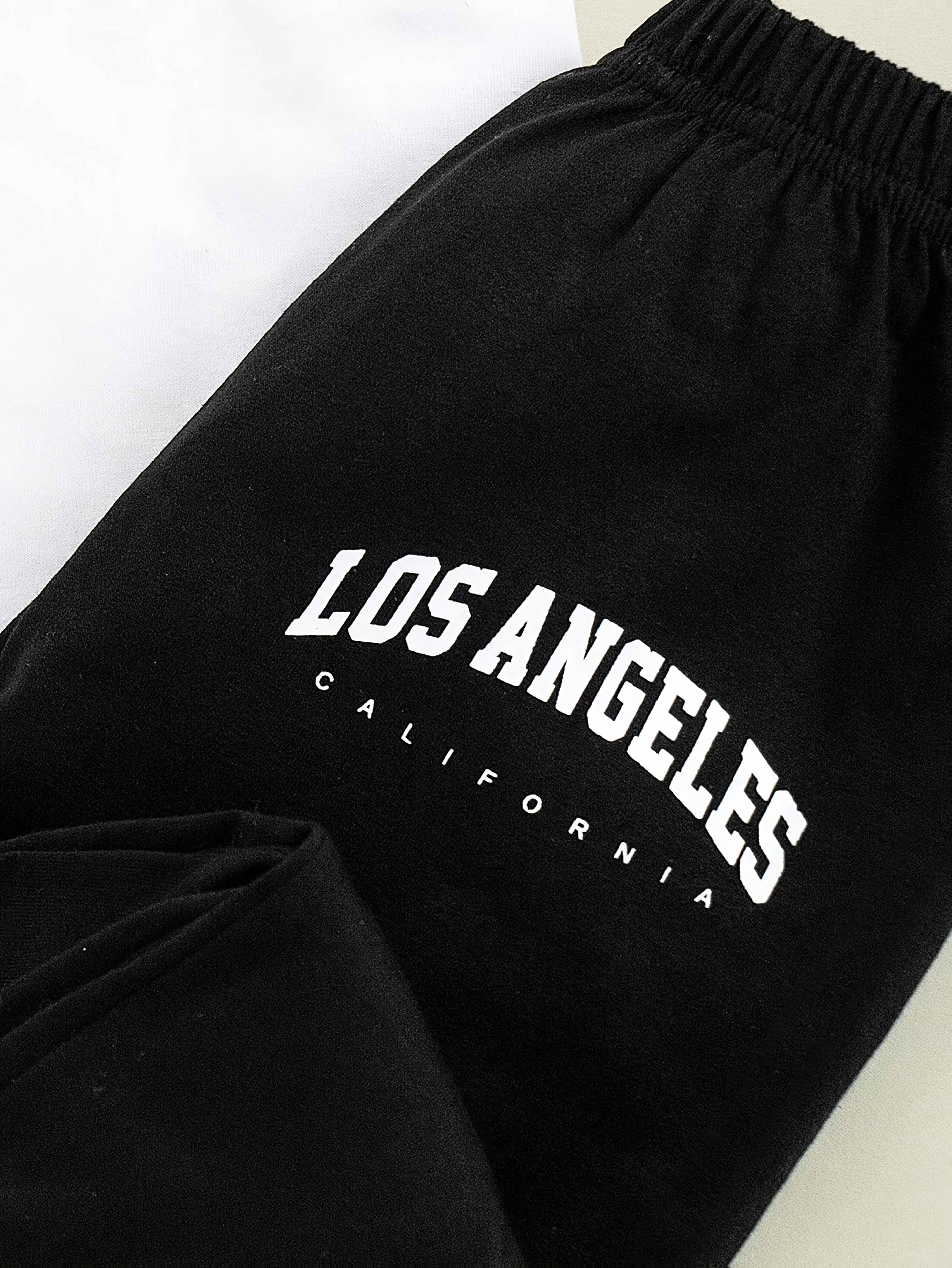 A Set of Two Pieces Featuring a Print of The Letters 'Los Angeles', Including a Stylish And Casual Short-Sleeve T-Shirt with a Round Neck And Long Pants for Boys, for Outdoor