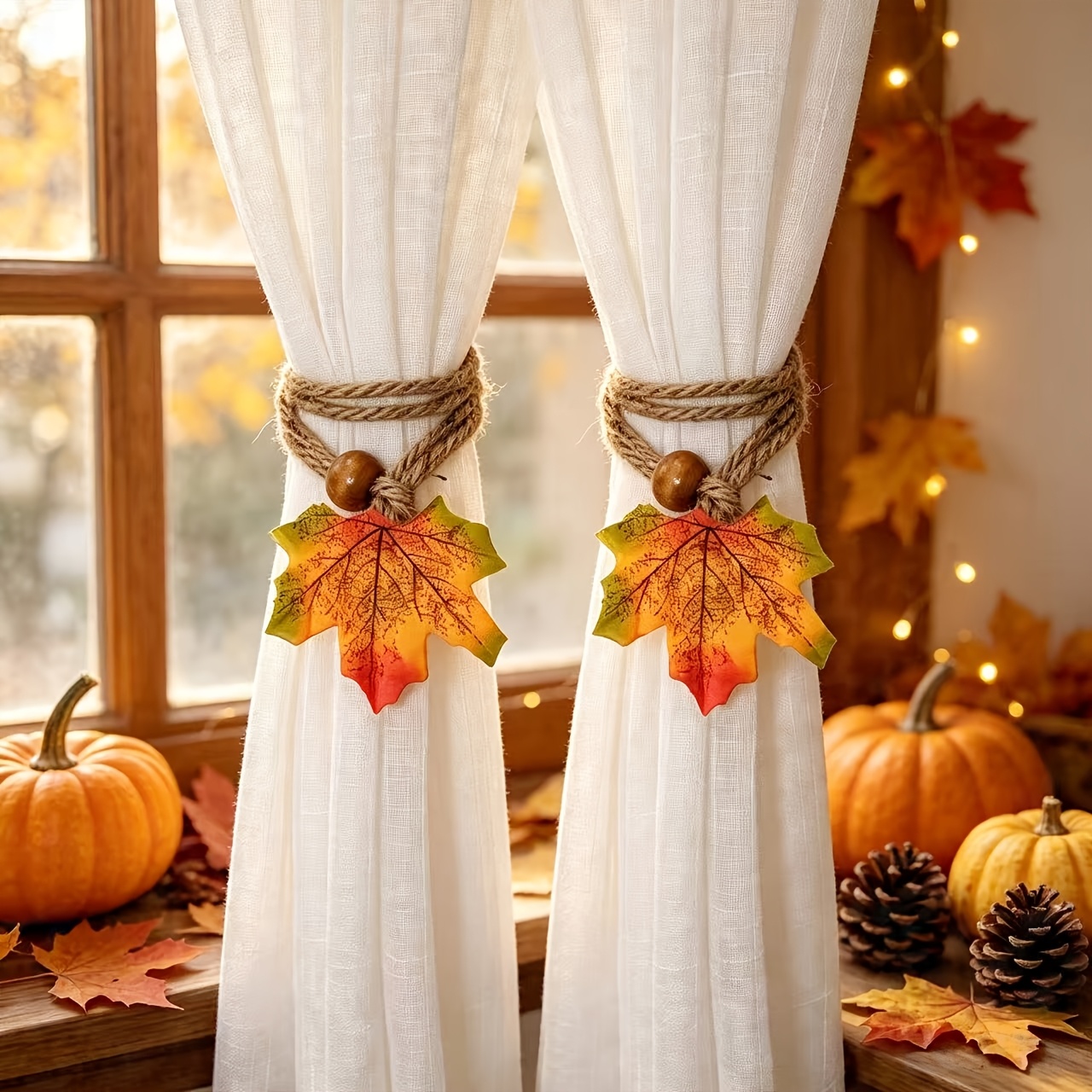 TEMU 2pcs Autumn Maple Leaf Decorative Curtain Rope Burlap Storage Tieback, Suitable For Matching Themed Sheer Curtains, Curtain Gathering Fixer