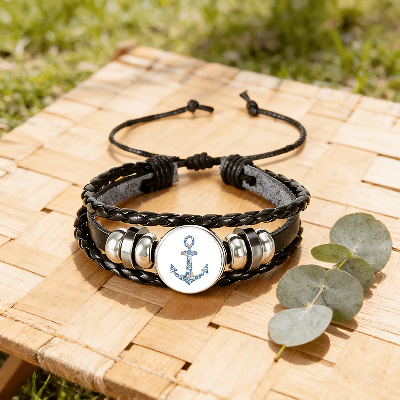 Men's Black Woven Bracelet with Ocean Element Design