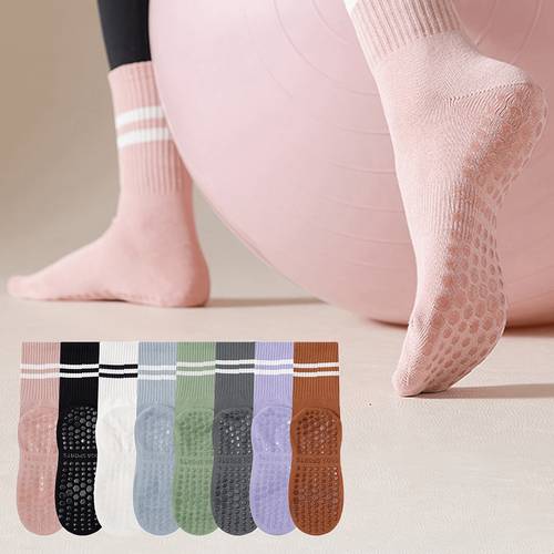 1 4 6 pair womens two stripe yoga socks aerobics sports socks with silicone anti slip sole calf solid color indoor fitness trampoline dance socks for