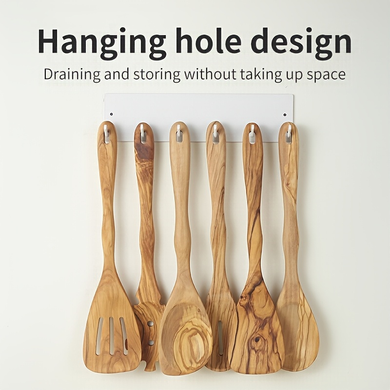 Olive Wood 6pcs Kitchen Utensil Set Long Handle Household Spatula Slotted Spatula Spoon Slotted Spoon Corner Spoon Mixing Salad Pasta Scooping Stir-Frying Non-Stick Pan Household