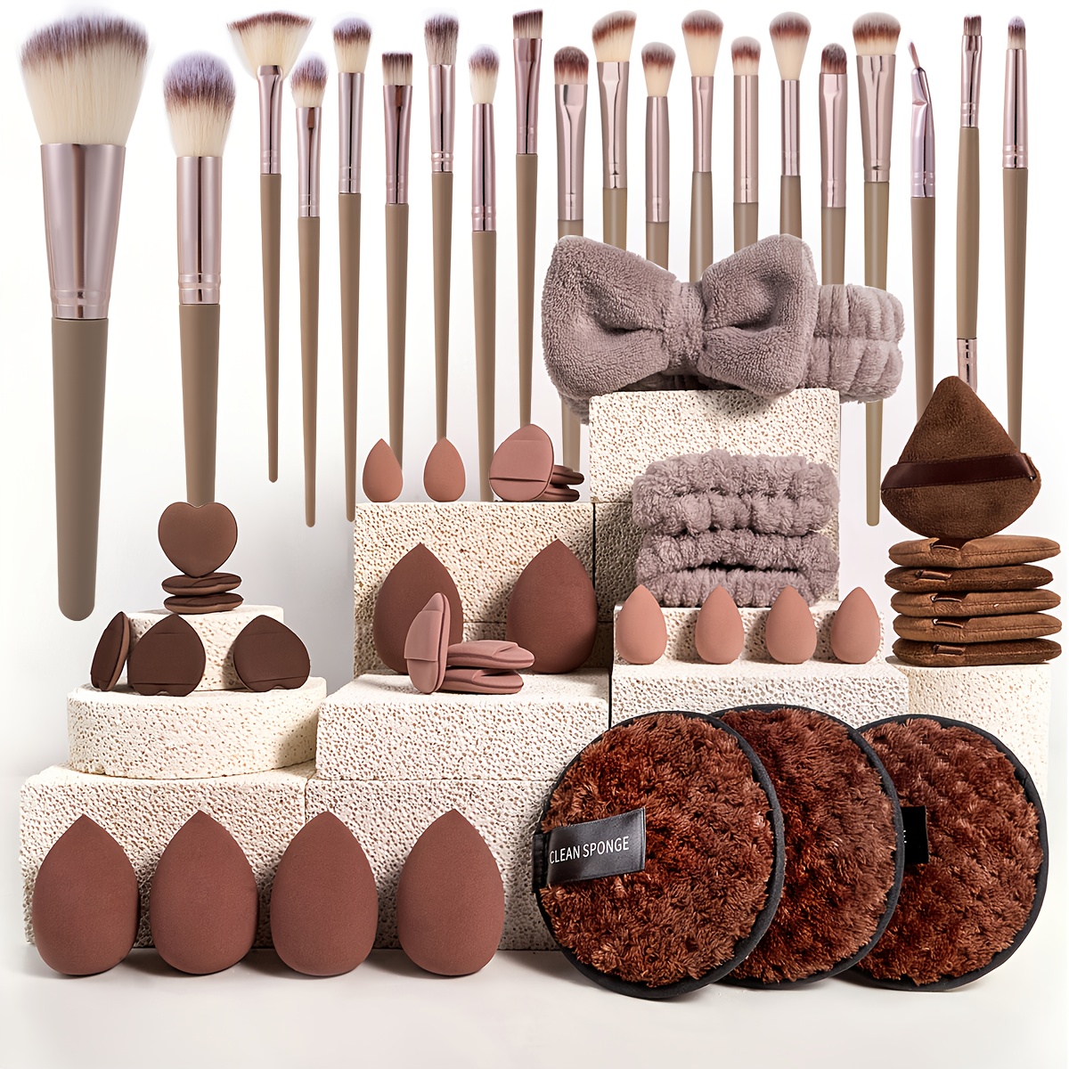 

A 36/56pcs Set Of Brown Makeup Tools, Set Includes (20 Makeup Brushes + 1 Headband + 2 Wristbands + 6 Large Beauty Sponges + 12 Finger + 6 Small Beauty Sponges + 6 Velour + 3 Check Face Cleansing )