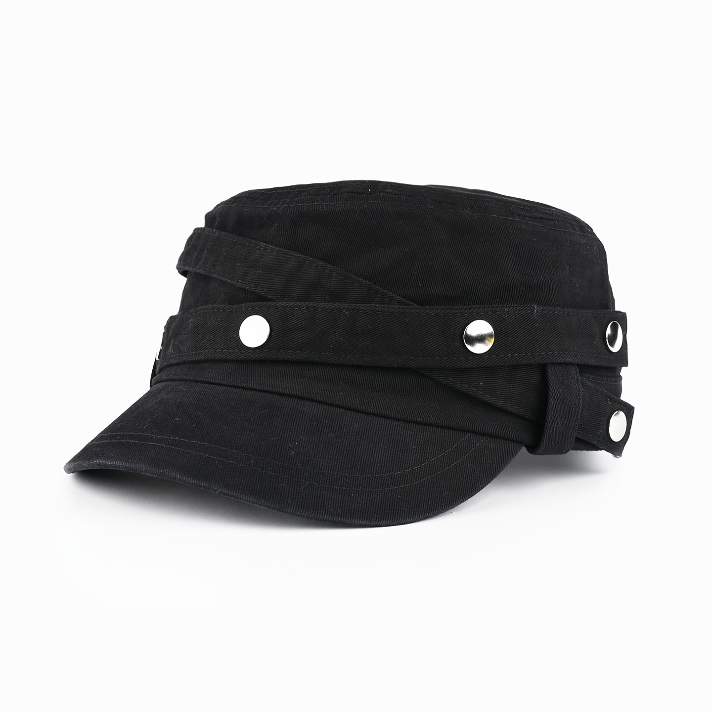 TEMU Washed Cadet Military Hat For Men Women, Vintage Flat Cap With Rivet Strap Adjustable Back Sun Hat