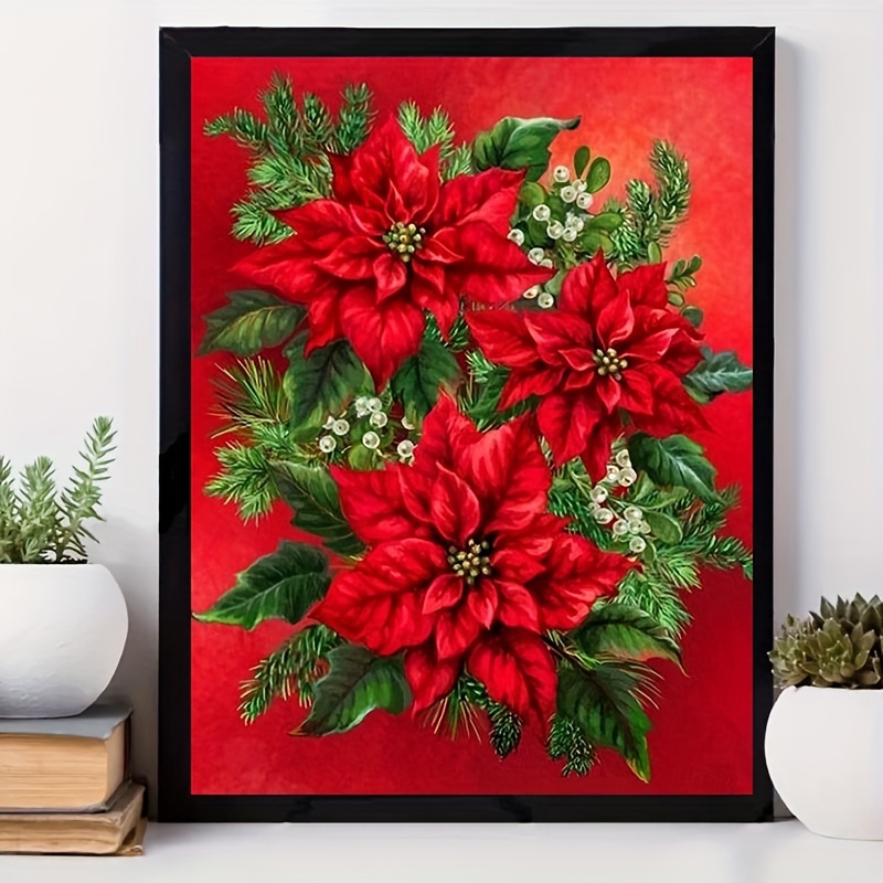 

5d Diy Poinsettia Diamond Painting Kit For Adults And Beginners - Cartoon Themed Round Acrylic Diamond Embroidery Art Craft For Home Wall Decor