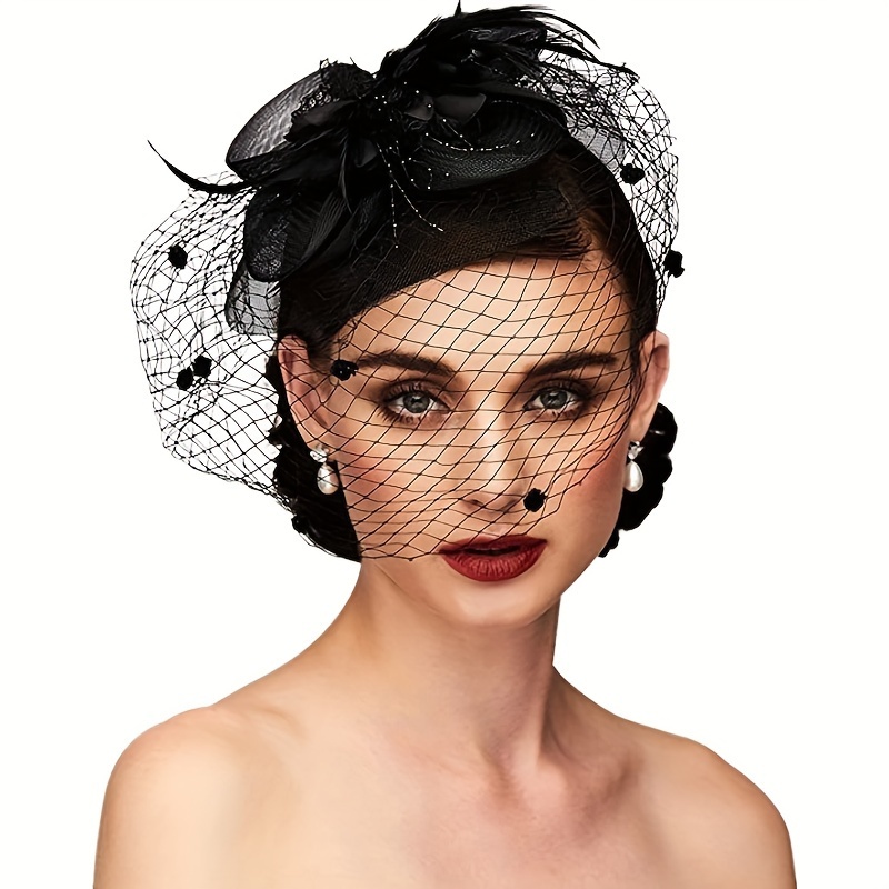 womens elegant vintage fascinator hat black lace mesh beaded  display picture 3