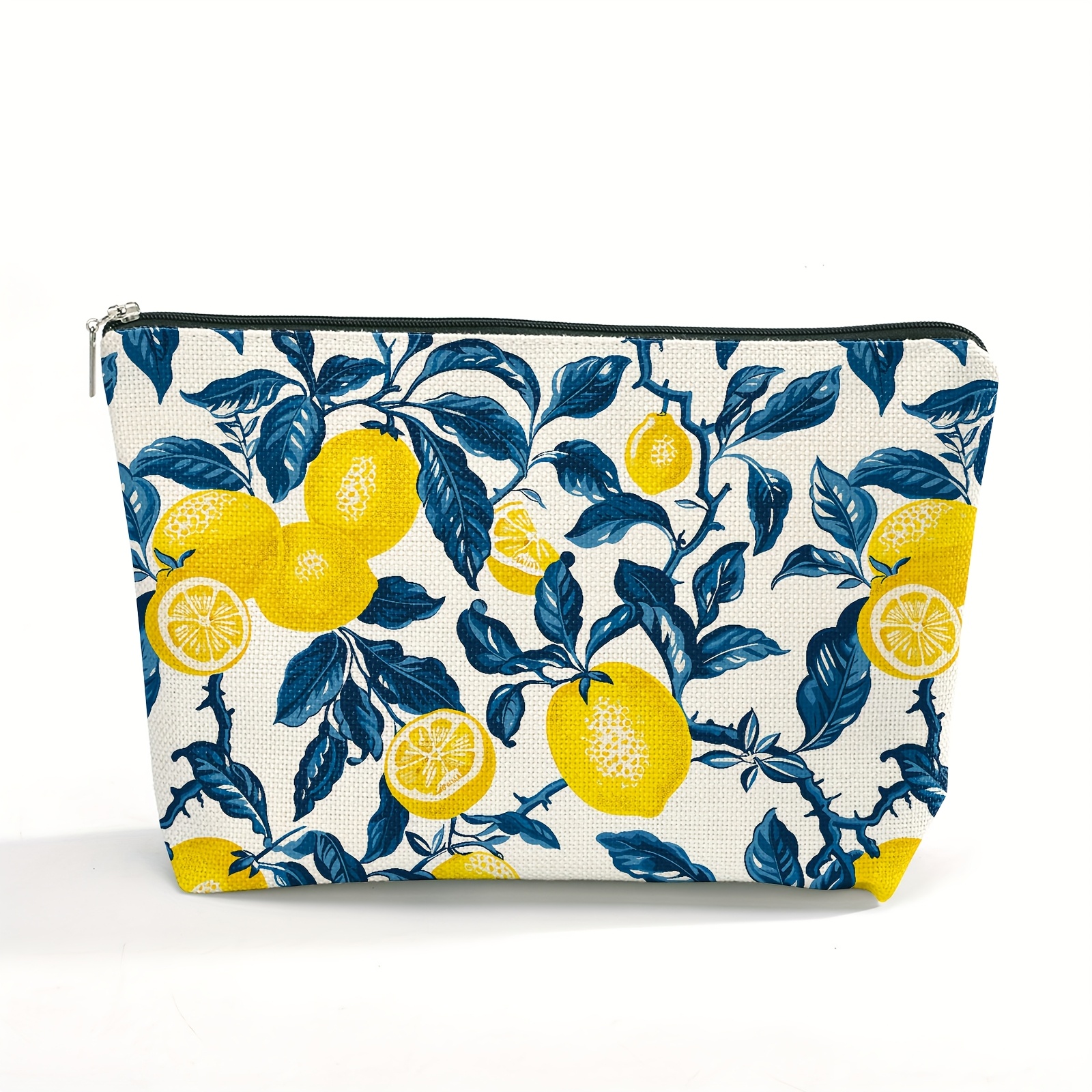 Image of 1pc Women's Polyester Cosmetic Bag, Lemon And Floral Print, Durable Toiletry Pouch With Zipper, Unscented Makeup Organizer For Travel, Small Cosmetic Bag