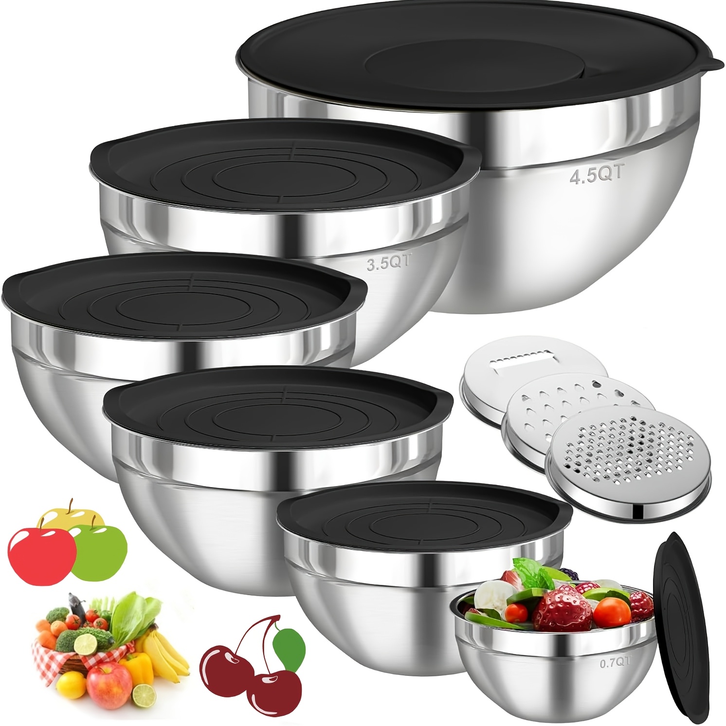 TEMU 6pcs Mixing Bowls With Lids Set, Stainless Steel Mixing Bowls With 3 Grater Attachments, Kitchen Food Storage Organizers Nesting Mixing Bowl,