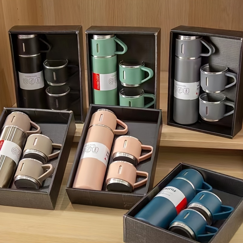 1 set stainless steel   water bottle set with 3 lids leakproof outdoor camping hiking cups for home   durable gift set for couples spill proof design modern drinkware    ware office workers Product details 1